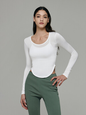 여성 요가복 DEVI-T0090-화이트 필라테스 뮤즈 라운딩 티셔츠