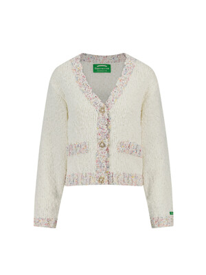Flower Pearl Button Boucle Tweed Cardigan (Ivory)
