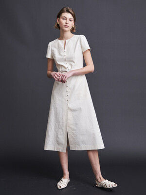A-LINE BUTTON BELTED DRESS_WHITE