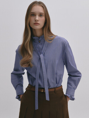 Tie Ruffled Band Neck Shirt BLUE