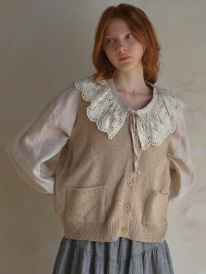 Wool tweed vintage V-neck open vest knit