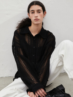 Relaxed Fit Lace Cardigan Shirts_BLACK