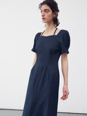 SWEETHEART-NECK HALF-SLEEVES DRESS MIDNIGHT NAVY