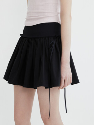 Ribbon tie cotton shirring skirt(BLACK)