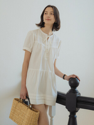 Lace taping washing cotton dress_Ivory