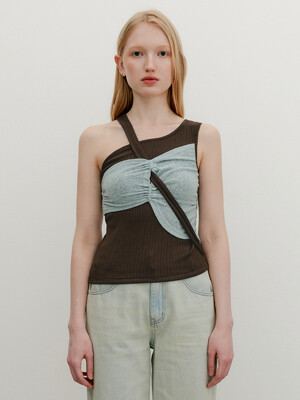 CIRCLE HOLE KNITTED BLOCK SLEEVELESS TOP - BROWN/MINT BLUE
