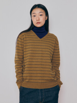 [Women] Super Fine Wool Stripe V-Neck Sweater (Camel)