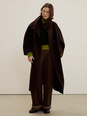 Funnel-neck Maxi Coat, Dark Brown