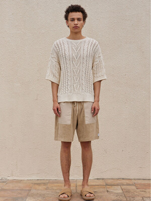 Cable Short-Sleeve Cotton Knit Sweater Ivory