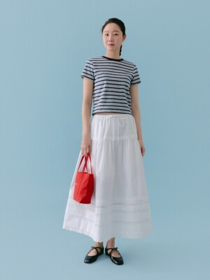 pintuck lace long skirt - white