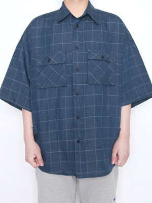 pnv019_panove over fit linen check half shirt italy fabric (blue-green)