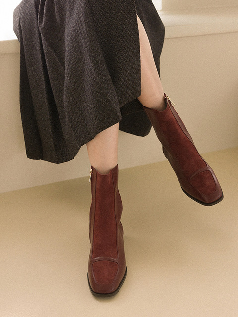 부츠 - 마치앤마치 (MARCH AND MARCH) - GRETA - Leather Block Ankle Boots / Merlot Wine