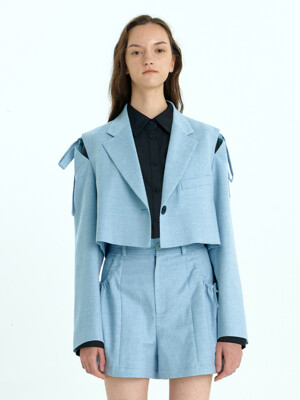 Shoulder Ribbon Cropped Jacket_Light Blue