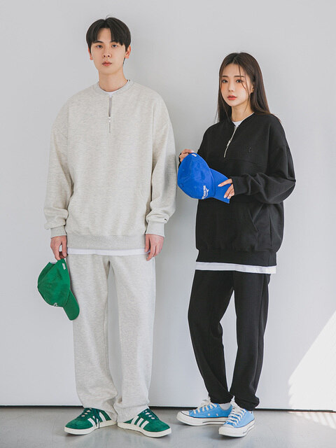 티셔츠,티셔츠,팬츠,팬츠,팬츠,티셔츠 - 앨빈클로 (alvinclo) - [SET] 앨빈클로 a 자수 라운드 반집업 맨투맨 무지 조거/세미와이드 팬츠 셋업