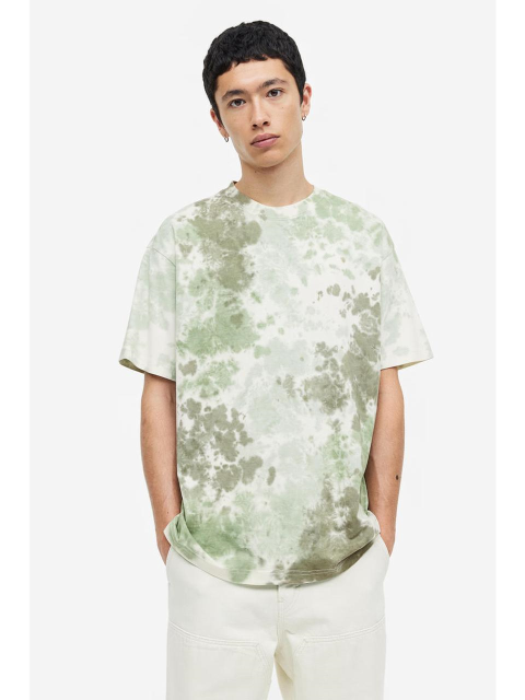 티셔츠 - 에이치엔엠 (H&M) - 릴랙스핏 패턴 코튼 티셔츠 카키 그린/타이다이 1071167008