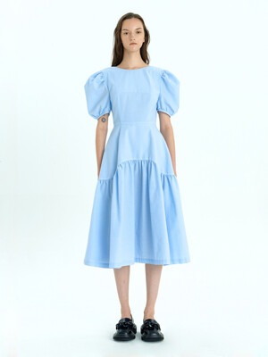 Puff-sleeve Shirred Dress_[BLUE, BLACK]