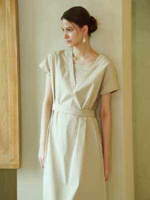 Pintuck Detail V-neck Dress _ Beige