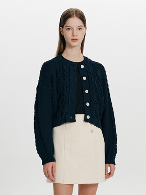 Cable Cropped Cardigan(Navy)