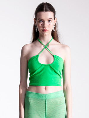 Terry halter neck cropped top in green