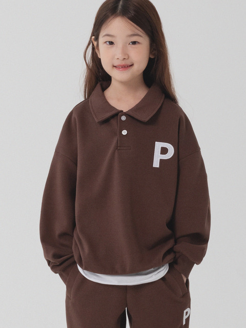 키즈어패럴 - 피아네르 (PIANER) - kids_P 로고 오버핏 카라 맨투맨 (브라운)