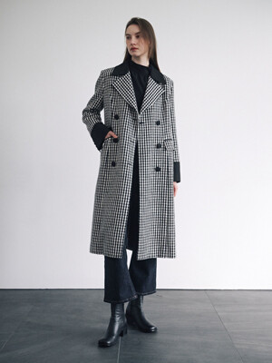 GRACELYN Black Check Double Breast Long Coat (Fabric by, Made in Japan)