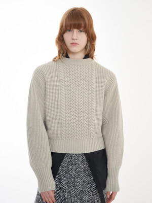 Crewneck Cable Volume Sleeve Knit Pullover_Warm Grey