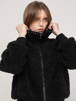 Lambswool knit collar zip jacket_Black