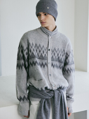 Mohair Nordic Crewneck Cardigan (Gray)