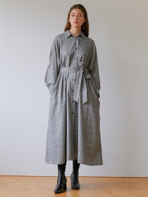 CHECK MAXI SHIRT DRESS - GRAY