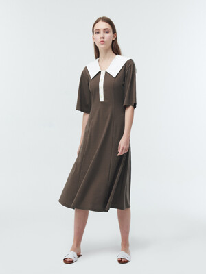 SAILOR COLLAR JERSEY DRESS-WALNUT