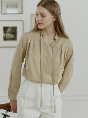 Bow Tie Pintuck Blouse - Beige