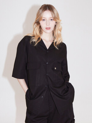 pocket detail open collar shirts_black