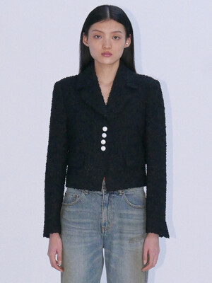 PEARL BUTTON TWEED JACKET - BLACK