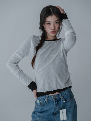 [단독][1+1]SEE-THROUGH ROUND NECK SHIRRING TSHIRT_3COLOR