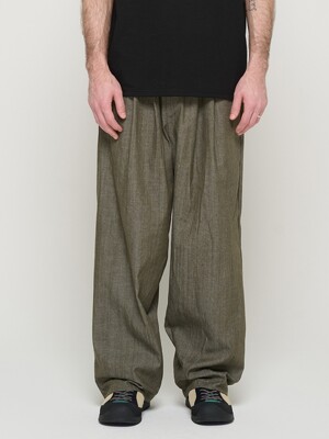 TWO-TUCK LINEN WIDE BANDING PANTS (KHAKI)