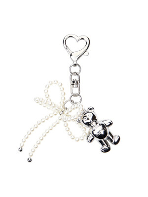 TEDDY BEAR LOGO PEARL RIBBON KEYRING_SILVER