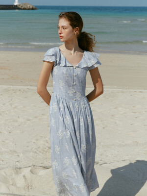 RILEY frill sleeved embroidered dress_sky blue