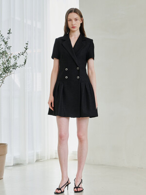 Tweed Double Button Dress -  Black