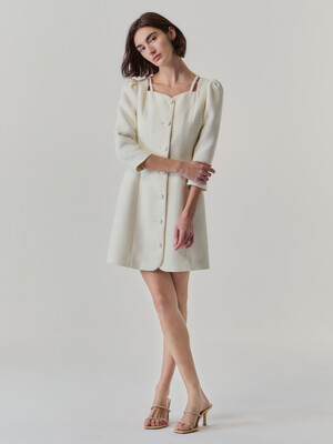 Tweed Button Strap Dress_Ivory