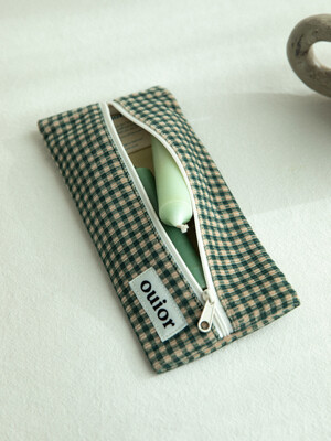 ouior flat pencil case - corduroy green check(middle zipper)