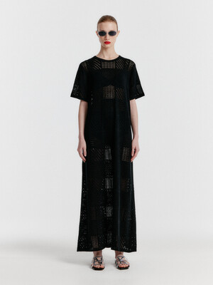 YITZU Panelled Lace Knit Long Dress - Black