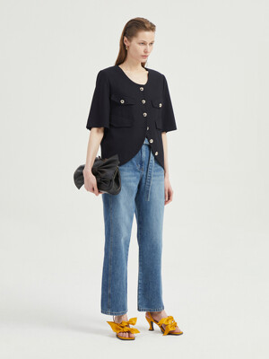 One Button U-neck Short Sleeve Jacket_LFJAM24420NYD