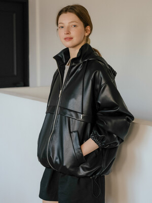 Eco-leather casual hooded jumper_Black
