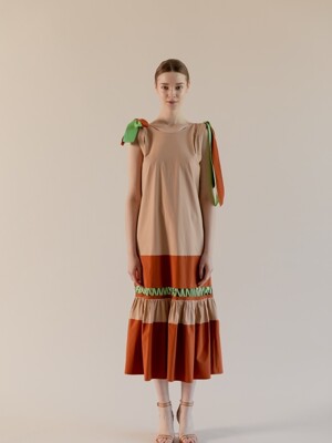 Color Ribbon Long Dress - BROWN (TESOP71)