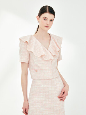 GWEN Ruffled short sleeve tweed jacket (Pale pink)