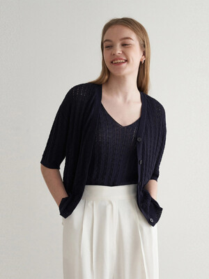 Twist half sleeve knit cardigan - navy