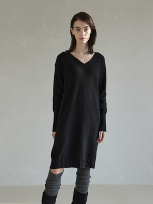 Cashmere 100% V-neck Knit Dress Black