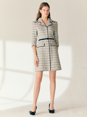 MADISON Notched collar tweed mini dress (Beige&Navy)