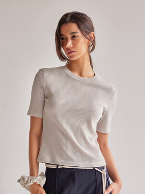 TWO TONE RIB HALF SLEEVE T-SHIRT_LIGHT GREY