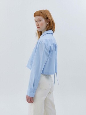 BACK RIBBON POINT CROP COTTON SHIRT - SKY BLUE